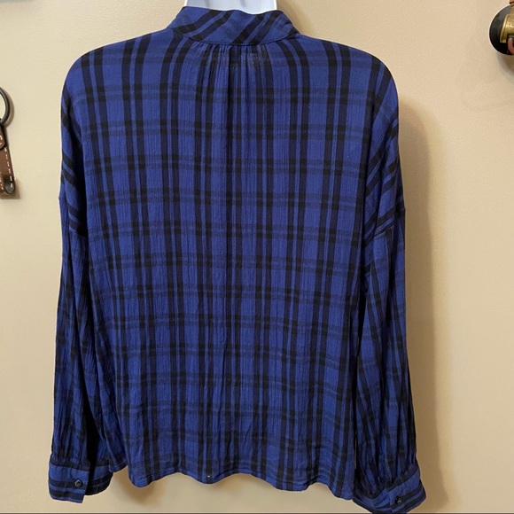 Madewell Blue & Black Plaid Womens V Neck  Cotton Long Sleeve Blouse  Size M - Picture 2 of 4